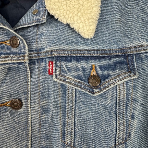 Levi's Denim Trucker Jacket Womens Plus 1X Blue Sherpa Quilted Button Front Chic - Picture 12 of 16